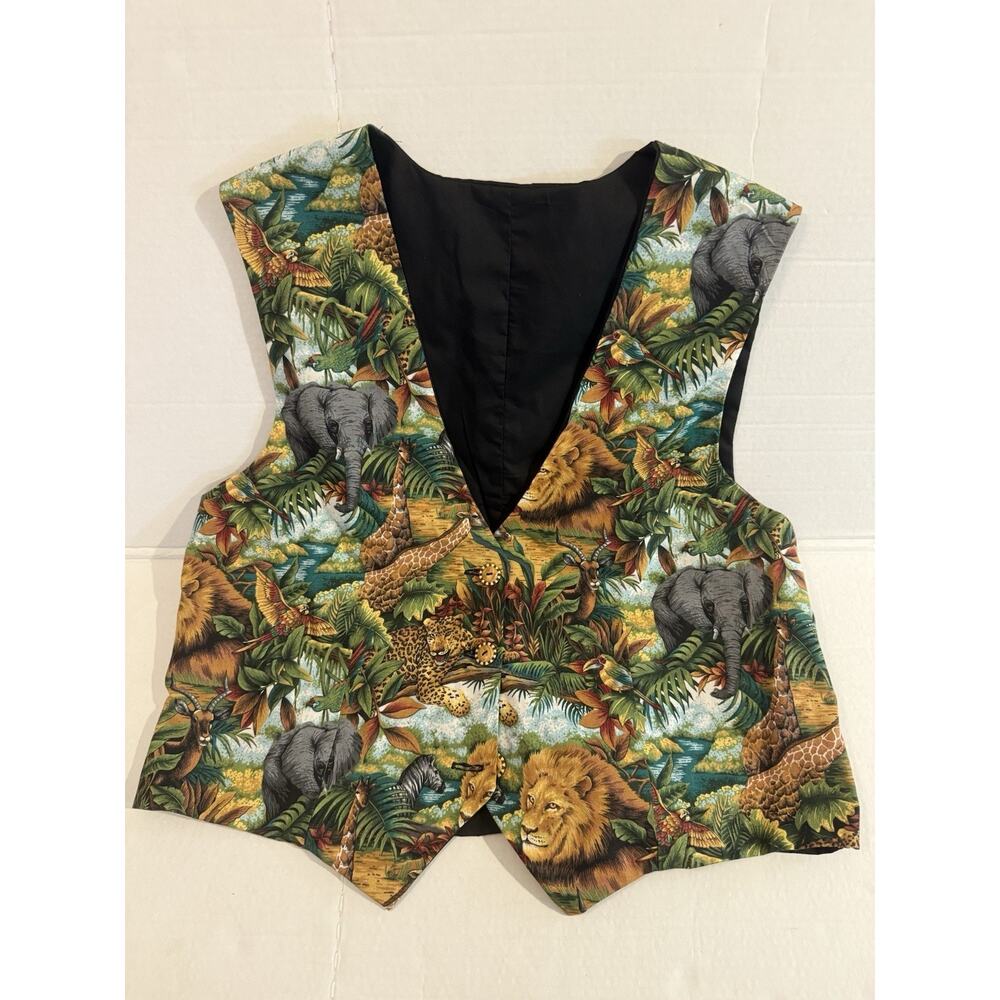 Animal Print Vest Size VTG 70s 80s Color Pop Lions Cheetah Giraffe M/L Waistcoat